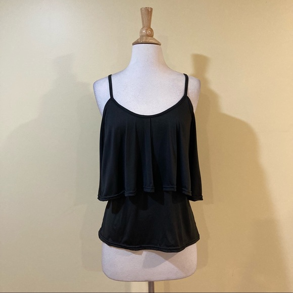 Cold Shoulder Ruffled Overlay Spaghetti Strap Half Sleeve Black Blouse - Picture 1 of 3